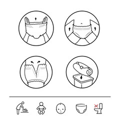 Icons set for Instruction of using diaper pants. The outline icons are well scalable and editable. Contrasting vector elements are good for different backgrounds. EPS10.	