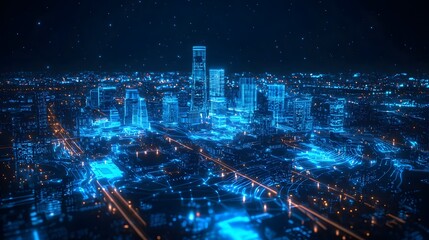 Futuristic Cityscape with Network Connections.