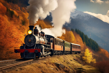 Obraz premium steam train in the autumn mountains