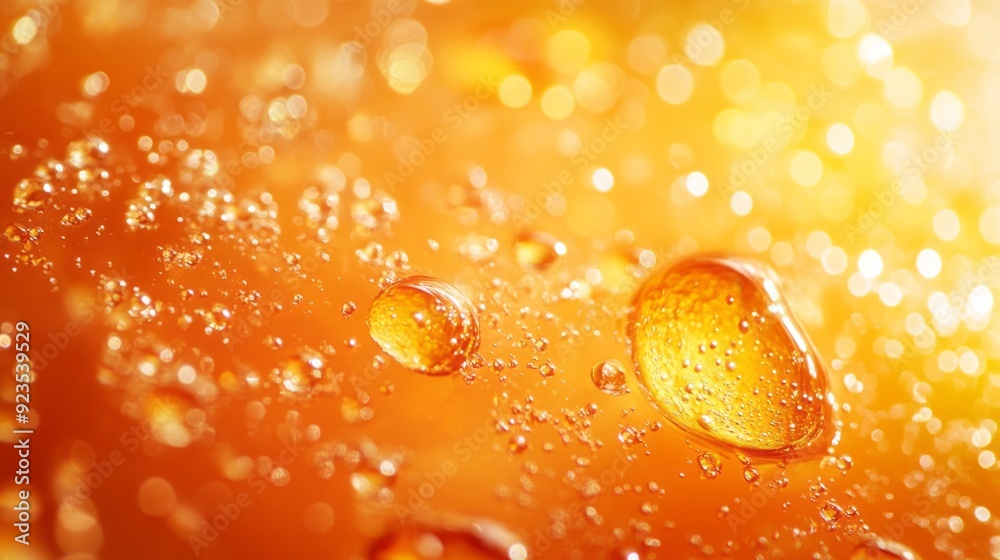 Aufkleber Vivid droplets collide with glowing liquid, capturing light and creating an enchanting abstract display of orange hues