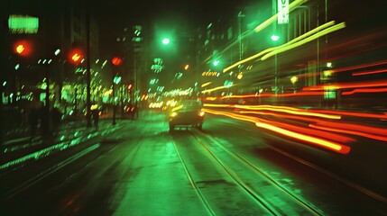 Night City Street with Green and Red Lights in Motion Blur, Shot on Fujifilm Provia Film. AI generated illustration