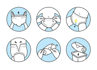 Icons set for Instruction of using diaper pants. The outline icons are well scalable and editable. Contrasting vector elements are good for different backgrounds. EPS10.	