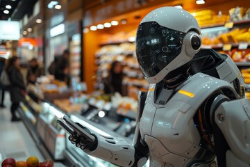 Humanoid Robot Assisting Shoppers in Busy Grocery Store During Daytime Hours