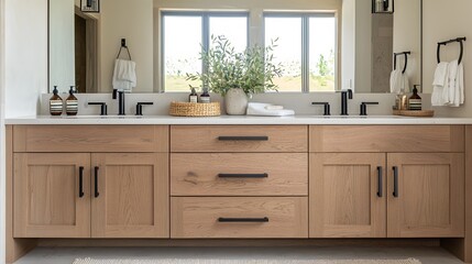 Modern Bathroom Vanity with Double Sinks and Oak Cabinetry.