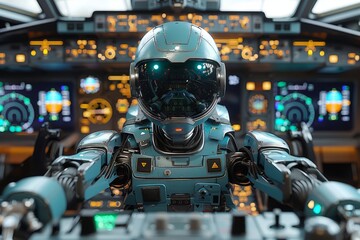 Fototapeta premium Robotic Pilot Operating Advanced Aircraft Cockpit Controls During Night Flight