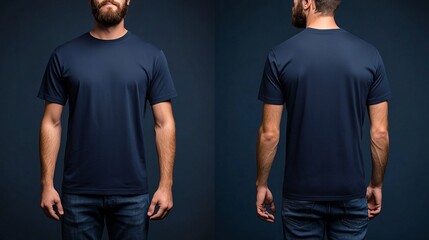 Front and back view of man wearing plain navy blue t-shirt