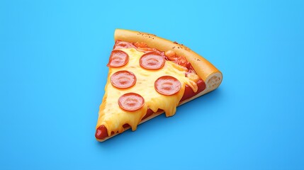 Melted Pepperoni Pizza Slice on Blue Background.