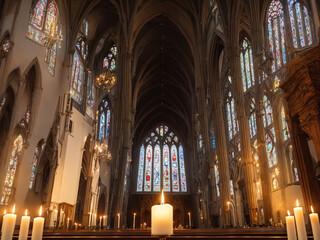Fototapeta premium Stunning Interior of Gothic Cathedral With Colorful Stained Glass Windows and Soft Candlelight Illuminating the Altar