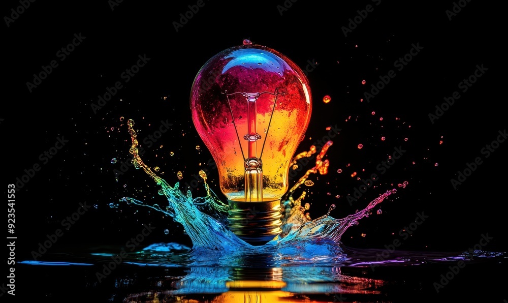 Wall mural lightbulb idea concept with colorful liquid of splashing unique creative idea on black background