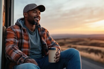 A man in casual attire enjoys a coffee while sitting at sunset by a scenic road, immersed in the calm and beauty of the natural landscape surrounding him.