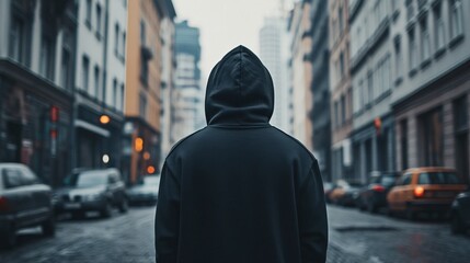 Fototapeta premium Person in Hoodie Walking Down Urban Street