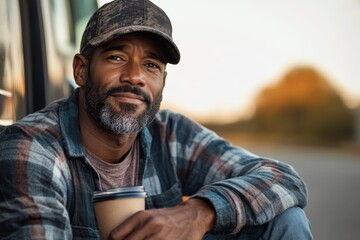 A man in a plaid shirt enjoys his coffee while sitting by the roadside next to his vehicle, exuding a sense of contentment and ease during the evening hours.