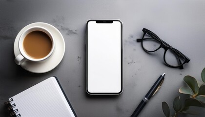 Modern Minimalist Desk Setup A blank smartphone screen sits prominently on a sleek, grey concrete desk, framed by a minimalist arrangement of glasses, a notebook, pen, and a coffee cup.