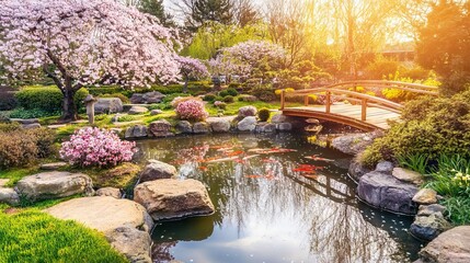 Obraz premium Serene Japanese Garden with Koi Pond, Blooming Cherry Blossoms, and Wooden Bridge in Soft Morning Light. AI generated illustration