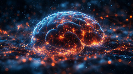 Obraz premium A human brain with interconnected glowing synapses, resembling a network of ideas forming and connecting.