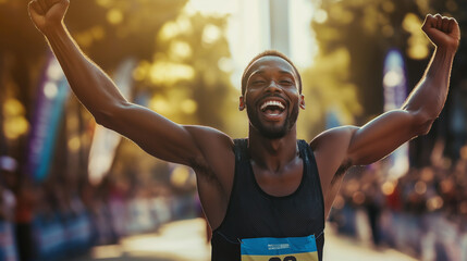 A male marathon runner crossing the finish line with arms raised in triumph, radiating joy and accomplishment after a long race.