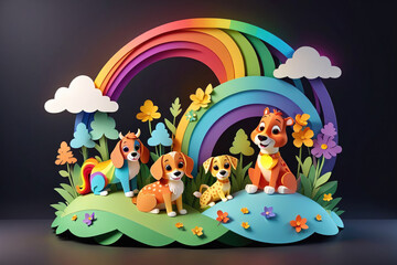 Fototapeta premium Colorful Paper Art Display Featuring Cute Cartoon Dogs and Rainbow in Spring