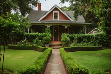 Fototapeta premium Home Photo. American Home with Green Lawn and Bushes at Entrance