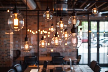 Obraz premium Modern Office Lighting. Architecture and Art in Beautiful Ceiling Chandelier Decor
