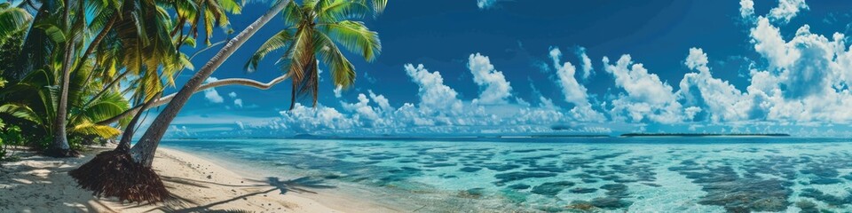 Fototapeta premium Ocean Beach Palm Tree. Panoramic View of Fakarava Atoll in French Polynesia
