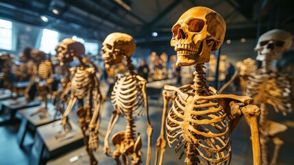 A skeleton is displayed in a museum with other skeletons