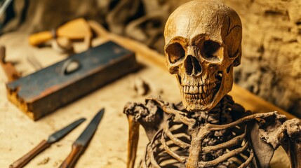 A skull is on a table with a pair of scissors and a knife.