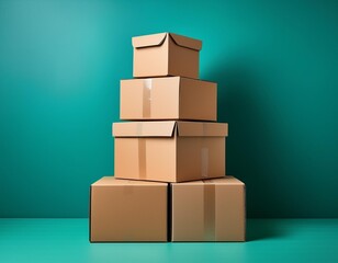 Fototapeta premium Stacked Cardboard Boxes A minimalist and modern image of a stack of cardboard boxes on a teal background, perfect for e-commerce, shipping, logistics, and storage concepts.
