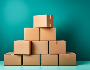 Stacked Cardboard Boxes A minimalist and modern image of a stack of cardboard boxes on a teal background, perfect for e-commerce, shipping, logistics, and storage concepts.