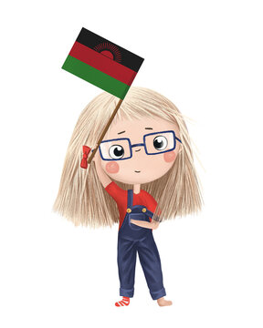 recommend clip art: Funny cute girl with flag of Malawi. Bright clip art isolated