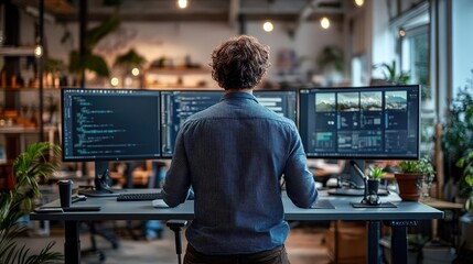 Person working at a standing desk with multiple monitors, showcasing an ergonomic and efficient workspace setup