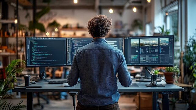 Person working at a standing desk with multiple monitors, showcasing an ergonomic and efficient workspace setup - Powered by Adobe
