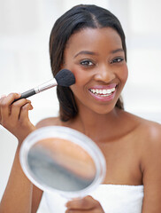 Makeup, brush and black woman with smile in home for beauty, self care and facial routine for confidence. Blush, cosmetic and portrait of African person with cosmetology treatment for glow in house.