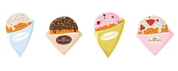 Stroopwafels set. Sweet traditional dutch street food in craft package. Holland desserts with chocolate, vanilla and raspberries flavor. Vector isolated illustrations of waffles with caramel for menu