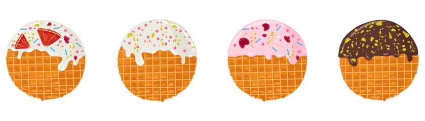 Stroopwafels set. Sweet dutch bakery and pastry desserts with chocolate, vanilla and raspberries topping. Vector isolated illustrations of holland waffles with caramel for menu designs, print, sticker