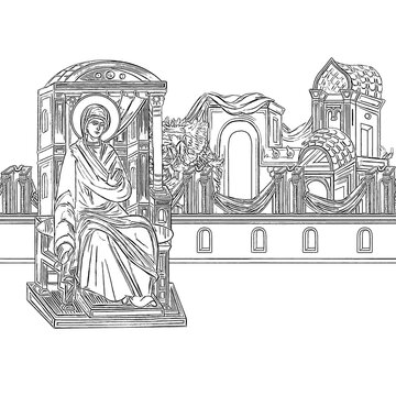 recommend clip art: Annunciation to the Blessed Virgin Mary. Coloring page in Byzantine style