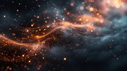 Fototapeta premium A mesmerizing abstract image featuring sparkling orange light waves against a dark, moody background, creating a cosmic and ethereal visual effect. 
