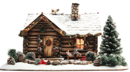 Decorated log cabin Christmas transparent background