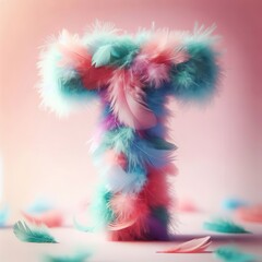 Letter T crafted from a blend of blue, pink, teal, and white feathers, with scattered feathers around the base, set against a soft pink background. Soft and delicate design, playful letterform.