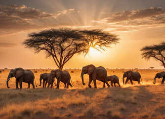 Fototapeta premium Elephants Grazing in Golden Savannah at Sunset Under a Majestic Tree