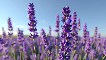 Naklejka premium A close-up of a blooming lavender field under a clear blue sky with one prominent lavender spike in focus showcasing its vibrant purple flowers