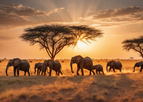 Elephants Grazing in Golden Savannah at Sunset Under a Majestic Tree