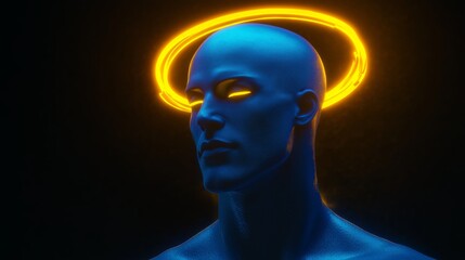 Obraz premium A blue humanoid figure with glowing eyes and a bright halo on a dark background