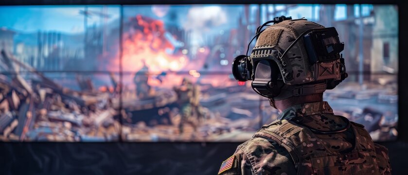 Special forces, destroyed, game simulators, a panoramic view inside a high-tech simulation room, where a team of special forces operatives is engaged in a virtual reality training session