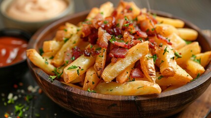 Crispy fries are piled high with crispy bacon bits and fresh herbs, accompanied by dipping sauces in rustic bowls