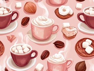 Cozy autumnal cocoa mugs with swirling marshmallow steam in a seamless comforting beverage pattern perfect for a warm and inviting winter or fall atmosphere