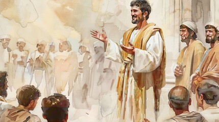 Zealous Preaching: Apostle Bartholomew Converting Many to Faith - Biblical Illustration with Beige Background and Copyspace