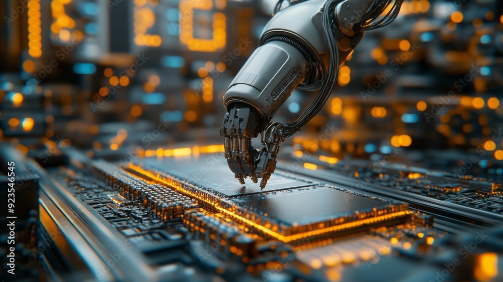 Poster a sleek robotic arm interacts with intricate circuits amidst a glowing, high-tech backdrop, showcasi
