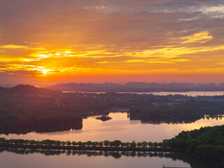 Summer sunrise scenery of Wuhan East Lake Scenic Area