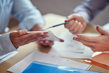 Hands, tablet and documents at startup for meeting with teamwork, point and planning for financial strategy. People, paperwork and digital touchscreen for app, partnership and solution at agency