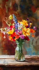 A vibrant bouquet of colorful wildflowers in a glass vase against a rustic wooden table and artistic background.